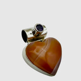 HEART Lake Superior Agate & Garnet Solid 925 Sterling Silver Pendant