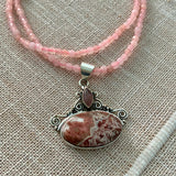 Crazy Lace Agate & Rose Quartz Solid 925 Sterling Silver Pendant Necklace