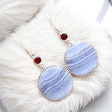 Blue Lace Agate & Garnet Solid 925 Sterling Silver Earrings