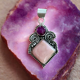 Pink Opal & Amethyst Solid 925 Sterling Silver Pendant