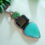 Chrysoprase Smoky Quartz & Green Turquoise Solid 925 Sterling Silver Pendant