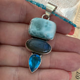 Larimar, Labradorite & Blue Quartz Solid 925 Sterling Silver Pendant Necklace