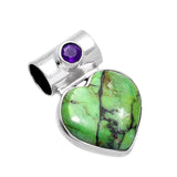 Green Mojave Turquoise & Amethyst Solid 925 Sterling Silver Pendant