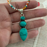 Turquoise Solid 925 Sterling Silver Seed Bead Necklace