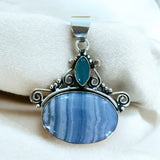 Blue Lace Agate & Chalcedony Solid 925 Sterling Silver Pendant