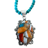 Turquoise & Spiny Oyster Solid 925 Sterling Silver Pendant Necklace