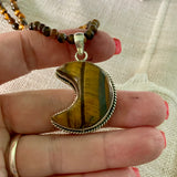 MOON Tigers Eye Solid 925 Sterling Silver Pendant Necklace