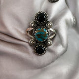 Kingman Turquoise & Onyx Solid 925 Sterling Silver Ring 6.5