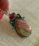 Rhodochrosite & Garnet Solid 925 Sterling Silver Pendant