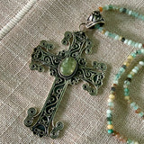 Cross Prehnite & Aquamarine Solid 925 Sterling Silver Pendant Necklace