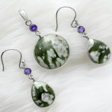 Jade & Amethyst Solid 925 Sterling Silver Pendant Earrings Set