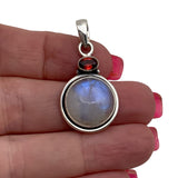 Rainbow Moonstone & Garnet Solid 925 Sterling Silver Pendant