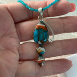 Turquoise & Spiny Oyster Solid 925 Sterling Silver Pendant Necklace