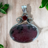 Rhodonite & Garnet Solid 925 Sterling Silver Pendant