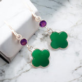 Clover Green Onyx & Amethyst Solid 925 Sterling Silver Earrings