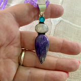 Charoite Moonstone Solid 925 Sterling Silver Pendant Necklace