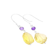 Lemon Quartz & Amethyst Solid 925 Sterling Silver Earrings