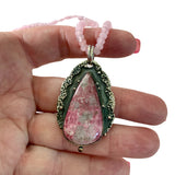 Pink Thulite & Rose Quartz Solid 925 Sterling Silver Pendant Necklace