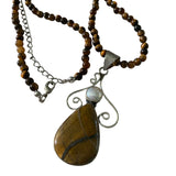 Tigers Eye & Pearl Solid 925 Sterling Silver Pendant Necklace