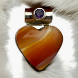 HEART Lake Superior Agate & Garnet Solid 925 Sterling Silver Pendant