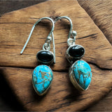 Turquoise & Black Onyx Solid 925 Sterling Silver Earrings