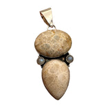 Fossilized Coral & Moonstone Solid 925 Sterling Silver Pendant