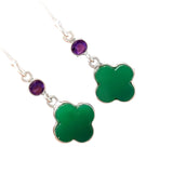 Clover Green Onyx & Amethyst Solid 925 Sterling Silver Earrings