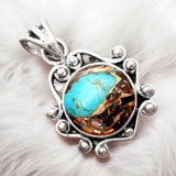 Black Shell & Blue Copper Turquoise Solid 925 Sterling Silver Pendant