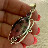 Rhodonite & Amethyst Solid 925 Sterling Silver Pendant