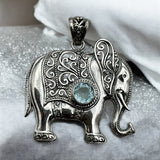 ELEPHANT Blue Topaz Solid 925 Sterling Silver Pendant