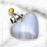 HEART Blue Lace Agate & Citrine Solid 925 Sterling Silver Pendant