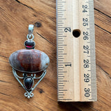 Crazy Lace Agate & Garnet Solid 925 Sterling Silver Pendant