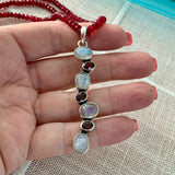 Rainbow Moonstone & Garnet Solid 925 Sterling Silver Pendant Necklace