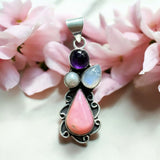 Pink Opal Amethyst Pearl & Moonstone Solid 925 Sterling Silver Pendant