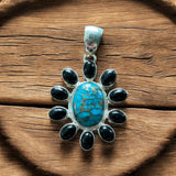 Kingman Turquoise & Black Onyx Solid 925 Sterling Silver Pendant