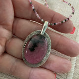 Rhodonite & Tourmaline Solid 925 Sterling Silver Pendant Necklace