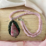 Pink Thulite & Rose Quartz Solid 925 Sterling Silver Pendant Necklace