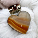 HEART Lake Superior Agate & Garnet Solid 925 Sterling Silver Pendant