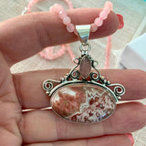 Crazy Lace Agate & Rose Quartz Solid 925 Sterling Silver Pendant Necklace