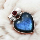 HEART Labradorite & Garnet Solid 925 Sterling Silver Pendant