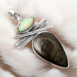 Hypersthene & Fire Opal Solid 925 Sterling Silver Pendant