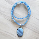 Blue Lace Agate Solid 925 Sterling Silver Pendant Necklace