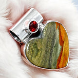 HEART Rocky Butte Picture Jasper & Garnet Solid 925 Sterling Silver Pendant