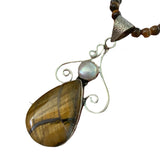 Tigers Eye & Pearl Solid 925 Sterling Silver Pendant Necklace