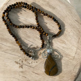 Tigers Eye & Pearl Solid 925 Sterling Silver Pendant Necklace