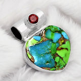 HEART Blue Green Copper Turquoise & Garnet Solid 925 Sterling Silver Pendant