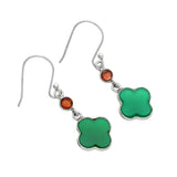 Clover Green Onyx & Garnet Solid 925 Sterling Silver Earrings