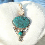 Chrysocolla & Moonstone Solid 925 Sterling Silver Pendant