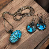 Tibetan Turquoise wire wrapped Copper Pendant Earrings Necklace set