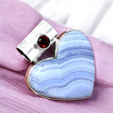 HEART Blue Lace Agate & Garnet Solid 925 Sterling Silver Pendant